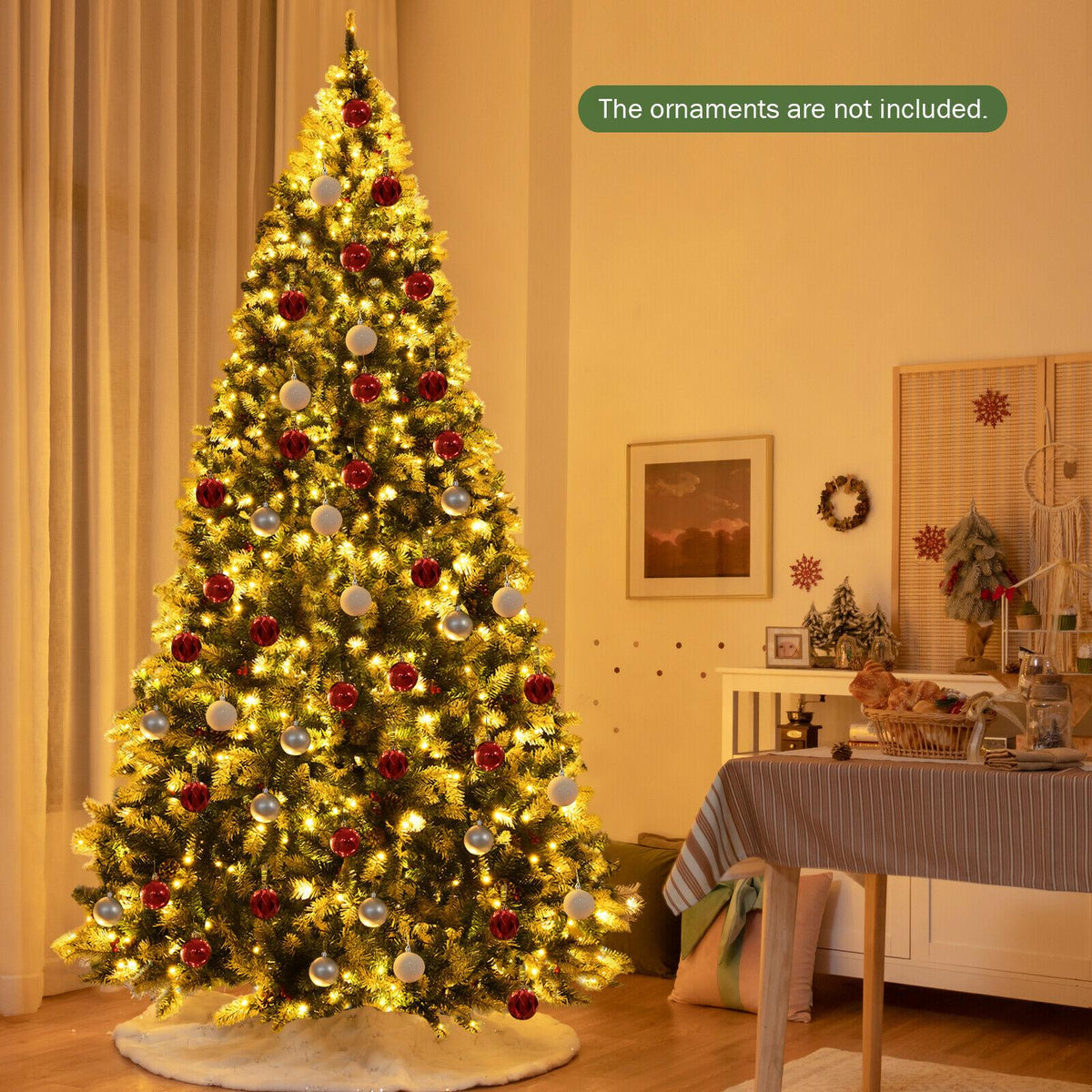 9' Pre-lit Snowy Christmas Tree 2058 Tips w/ Pine Cones &amp; Red Berries
