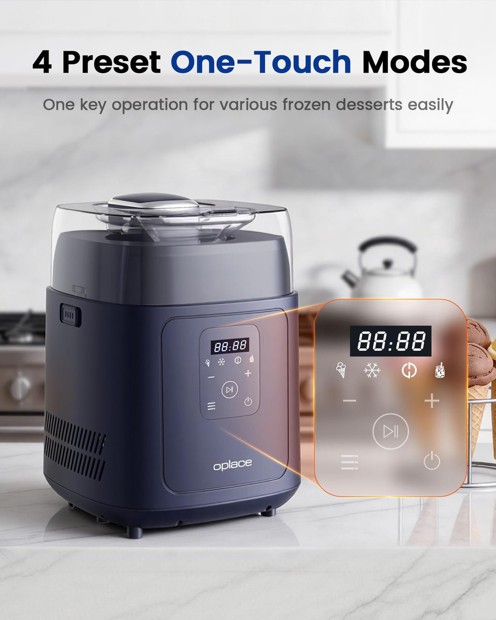 4-in-1 Compressor Ice Cream Maker (1.0Qt), No Pre-Freezing, Automatic Yogurt Maker, Gelato Sorbet Frozen Yogurt Soft Serve Machine, Compact Vertical  for Home Kitchen(Blue)