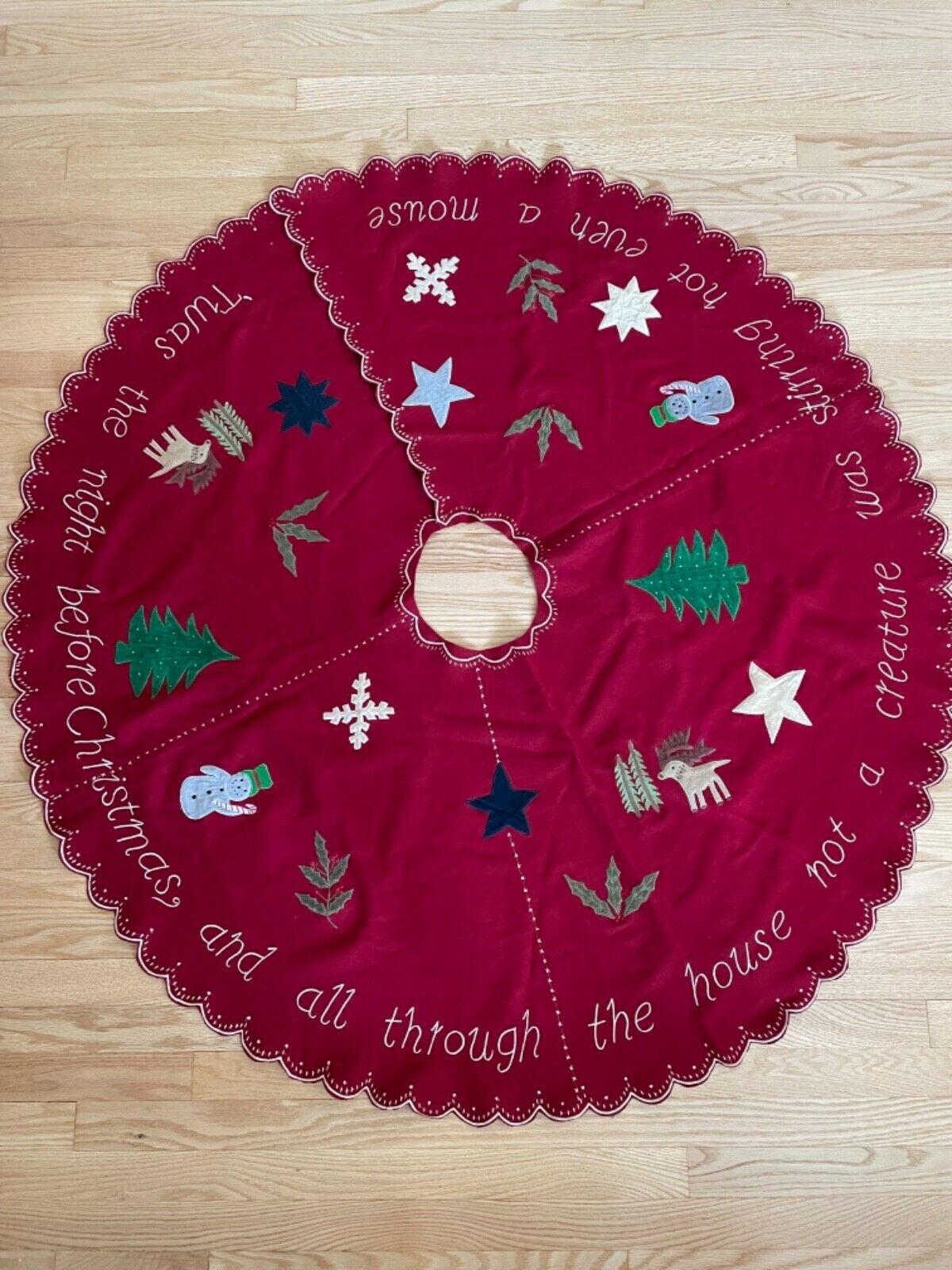 1990 Anthropologie Red Embroidered Christmas Tree Skirt 55