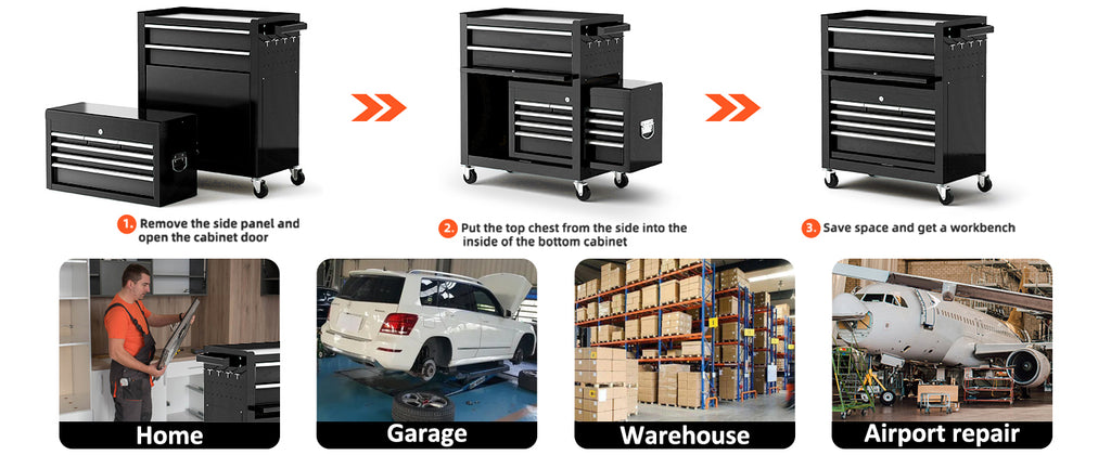 8-Drawer Rolling Tool Chest with Multiple Drawers, Heavy Duty Metal Tool Cabinet for Garaand Workshop Storage, Lockable Top Chest, Black