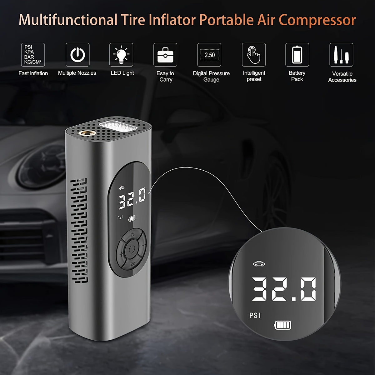 Tire Inflator Portable Air Compressor For Car Tire, Cordless & Strong Power Air Pump For Car Tire With 6000mAh Battery Fast Inflate 150PSI Tire Pump