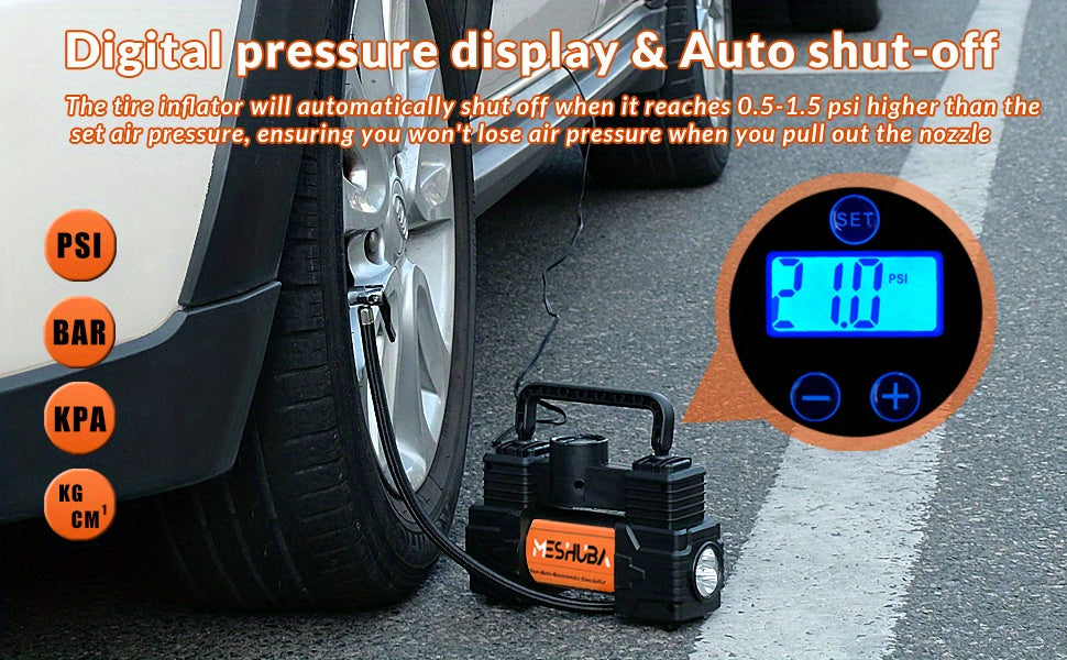MESHUBA Tire Inflator 12V Portable Air Compressor, 150PSI Air Pump For Car Tires With Digital Pressure GauFor Car Bike Motor Ball, Orange