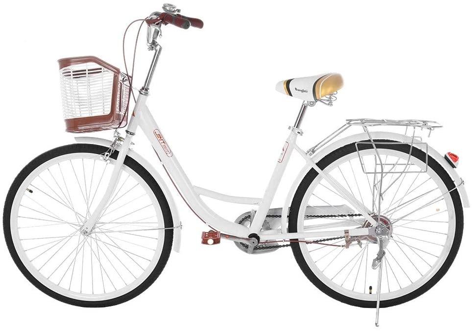 Womens Beach Cruiser Bike-26 Inch Unisex Classic Iron Bicycle with Basket Retro Bicycle Unique Art Deco Scooter,Road Bike,Seaside Travel Bicycle,Comfortable Commuter Bicycle