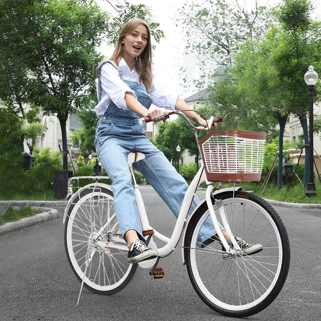Womens Beach Cruiser Bike-26 Inch Unisex Classic Iron Bicycle with Basket Retro Bicycle Unique Art Deco Scooter,Road Bike,Seaside Travel Bicycle,Comfortable Commuter Bicycle