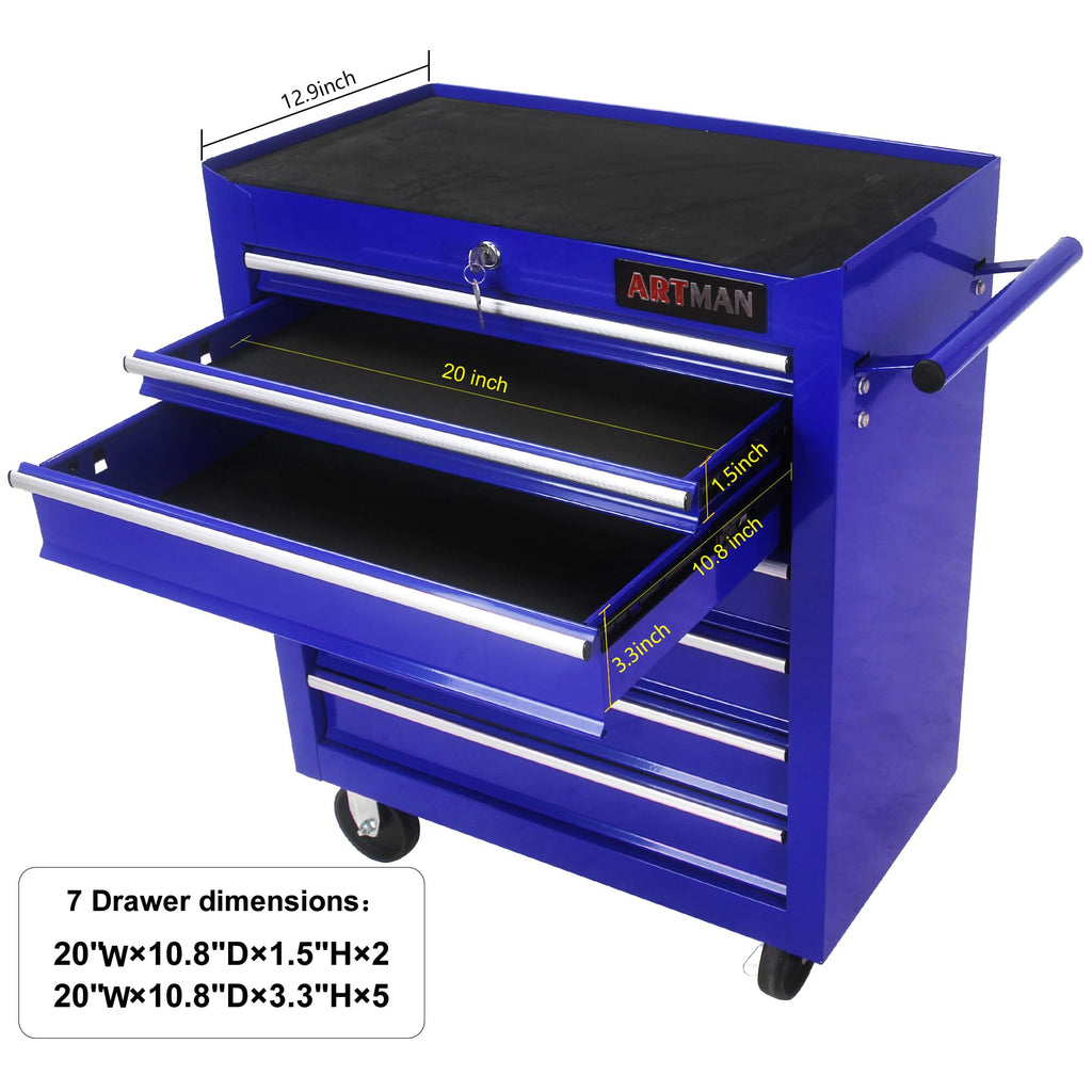 7 Drawers Rolling Tool Chest & Tool Box on Wheels | Heavy Duty Metal Cart with Ball Bearing Drawers | Fits US General Tool Box for GaraStora(Blue, 7 Drawers（29.9" H × 24.2" W × 12.9" D)