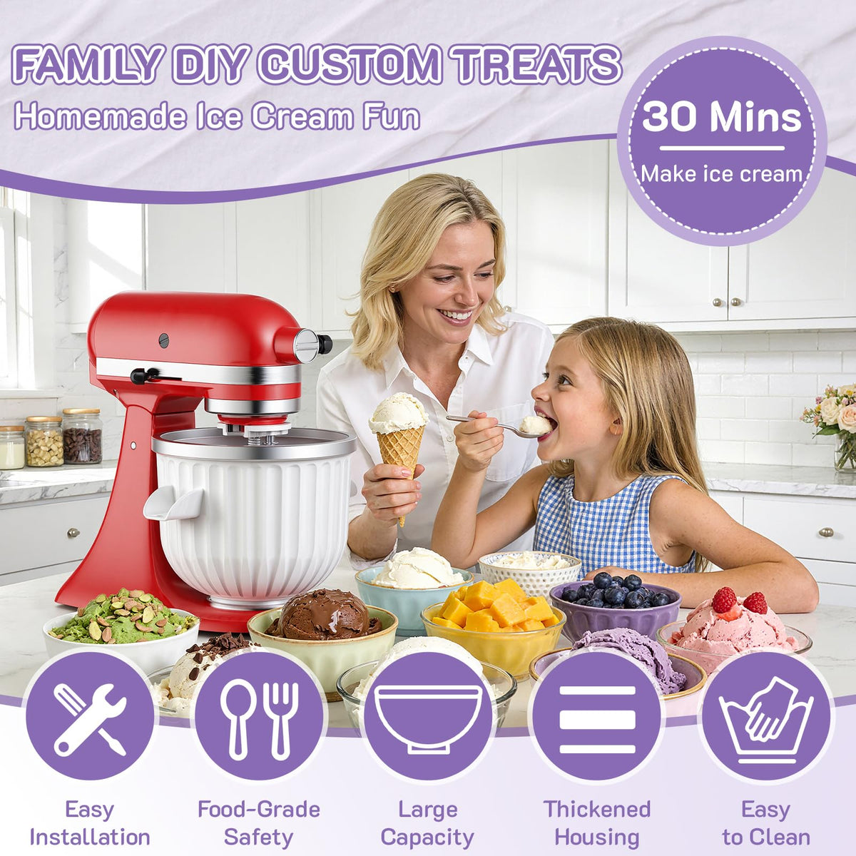 Ice Cream Maker Attachment for  Stand Mixer, Fits 4.5Qt and Larger  Mixers, 2 Quart Frozen Yogurt, Sorbet & Gelato Ice Cream Bowl by