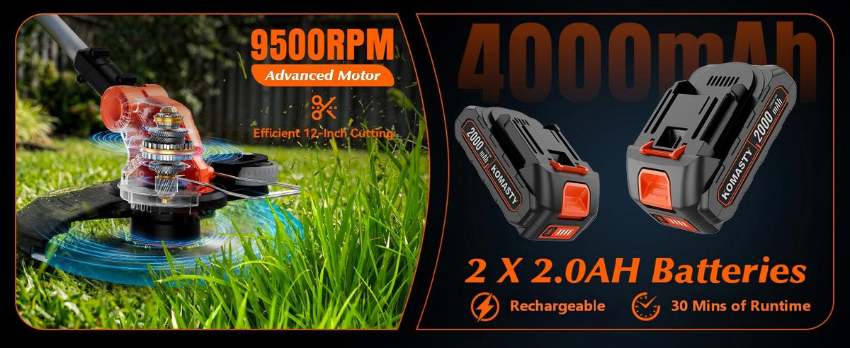 20V Electric Weed Wacker Cordless Edger Lawn Tool 2 X 2.0Ah Battery Powered Weed Eater with Charger, 12 Inch Lightweight String Trimmer, Auto Line Feed Grass Cutter Lawn Mower for Small Yard Orange