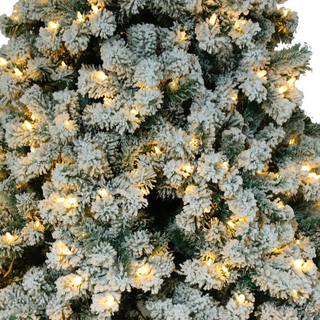 9' Christmas Tree with String Lights, Green and White PVC Flocking Snow Premium Holiday with Branches including Foldable Metal Base