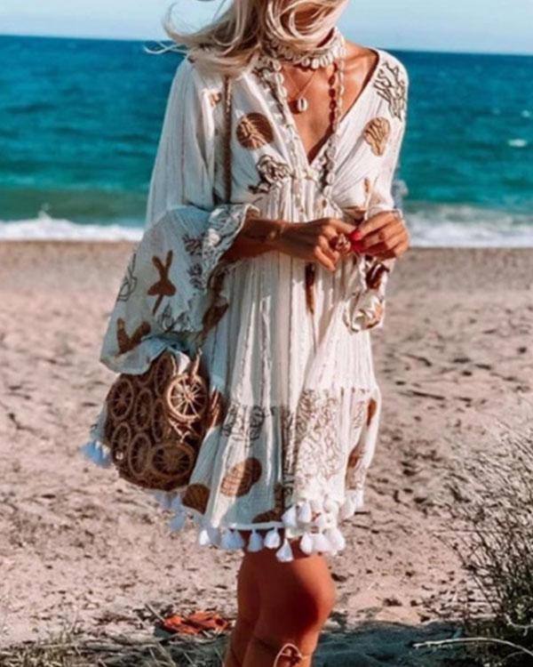 bohemian 3/4 sleeves deep v neck tassel holiday dresses