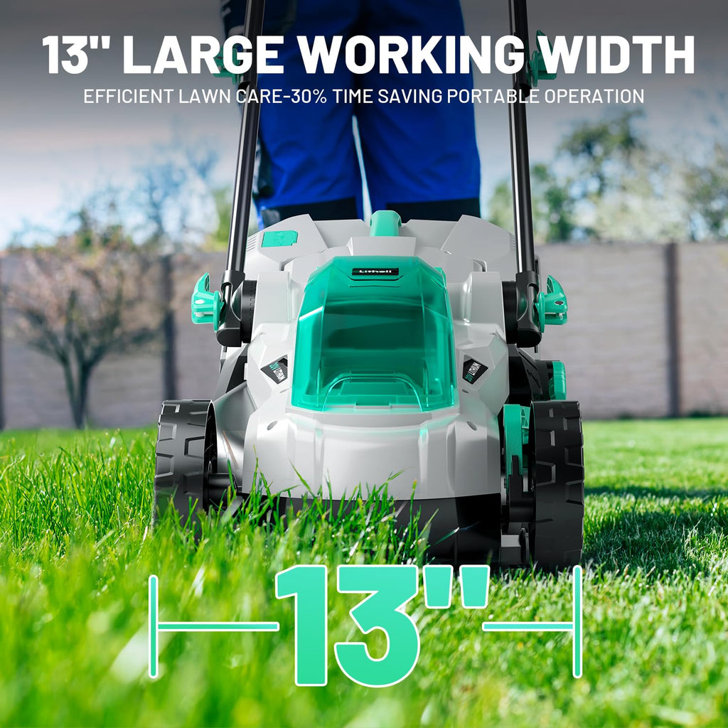 13.1inch Electric Lawn Mower Cordless,Grass Cutter Machine for 1600 Sq.Ft.Lawnmower with Brushless Motor, 8 Gallon Capacity, Cutting Height from 1 to 2.5 in, Includes 1X4.0 Ah Battery