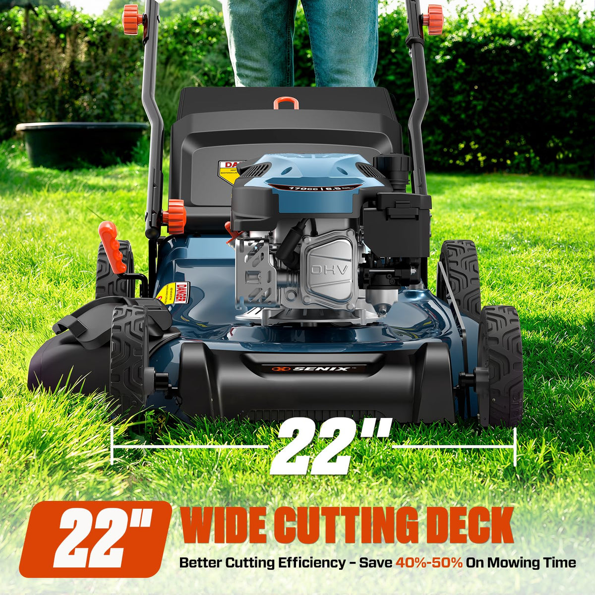 22 Inch 3-in-1 Gas Lawn Mower, 201cc Rear Wheel Single Speed Self-Propelled Mower, 4-Cycle Engine, Steel Deck, Mulching, Bagging, Discharging, 6-Position Cutting Height Adjustable, for Yard