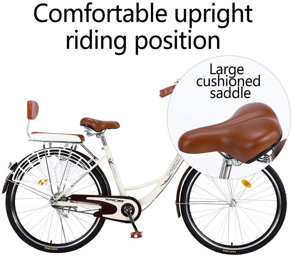 TOUNTLETS BeiWomens Beach Cruiser Bike Classic Iron Bicycle, Retro Bicycle Unique Art Deco Scooter, Womens Single Speed Comfortable Commuter Bicycles with Basket and Seat