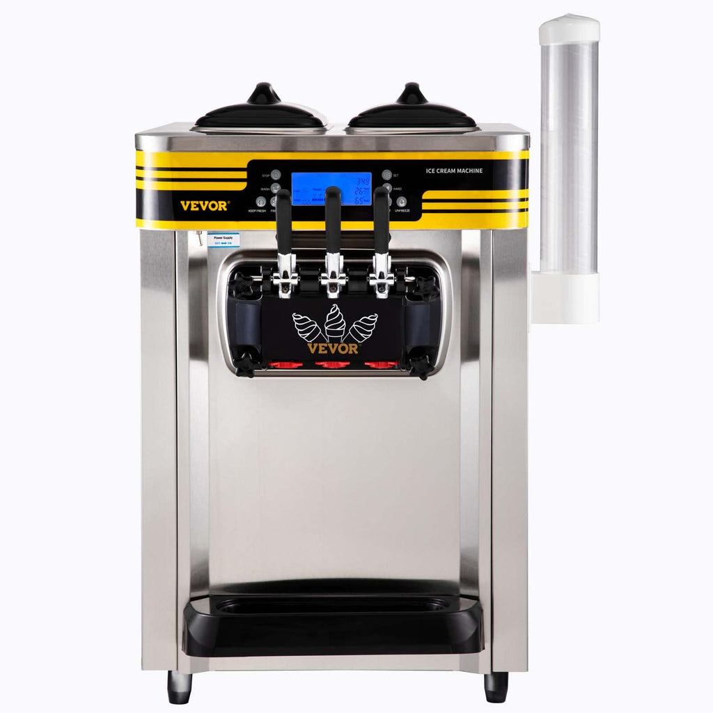 Commercial Ice Cream Maker, 22-30L/H Yield, Countertop Soft Serve Machine with 2x6L Hopper 2L Cylinder LCD Panel Puffing ShortaAlarm, Frozen Yogurt Maker for Restaurant Snack Bar