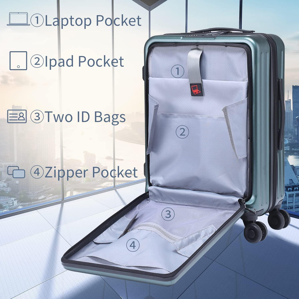 20 Inch 45L, Carrry On Luggage with Front Zipper Pocket, ABS+PC Lightweight Hardshell Suitcase with Spinner Silent Wheels &amp; TSA Lock, Convenient for Business Trips, Dark Green