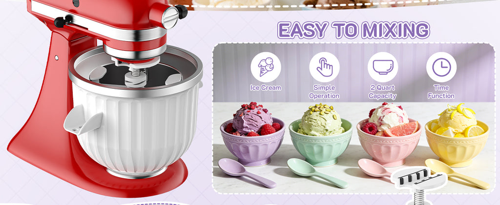 Ice Cream Maker Attachment for  Stand Mixer, Fits 4.5Qt and Larger  Mixers, 2 Quart Frozen Yogurt, Sorbet & Gelato Ice Cream Bowl by