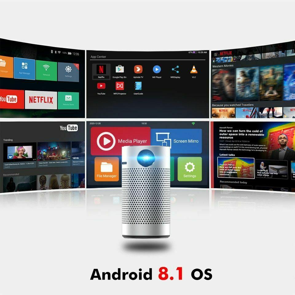 pocket portable smart projector android 8.1 os wifi 1080p 4k tv led home theater