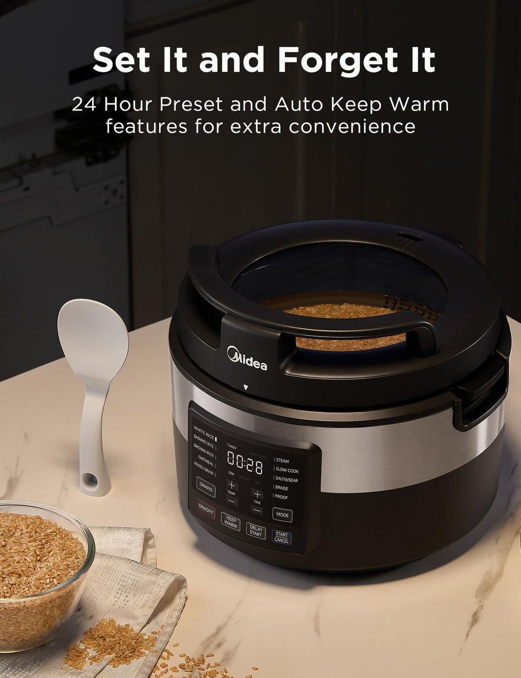Rice Cooker for 8-Cups Uncooked Rice with 10 Multifunction CooPrograms Including Sauteing, Steaming, and Simmering, Features a Non-Stick Inner Pot with Handles and Glass Lid
