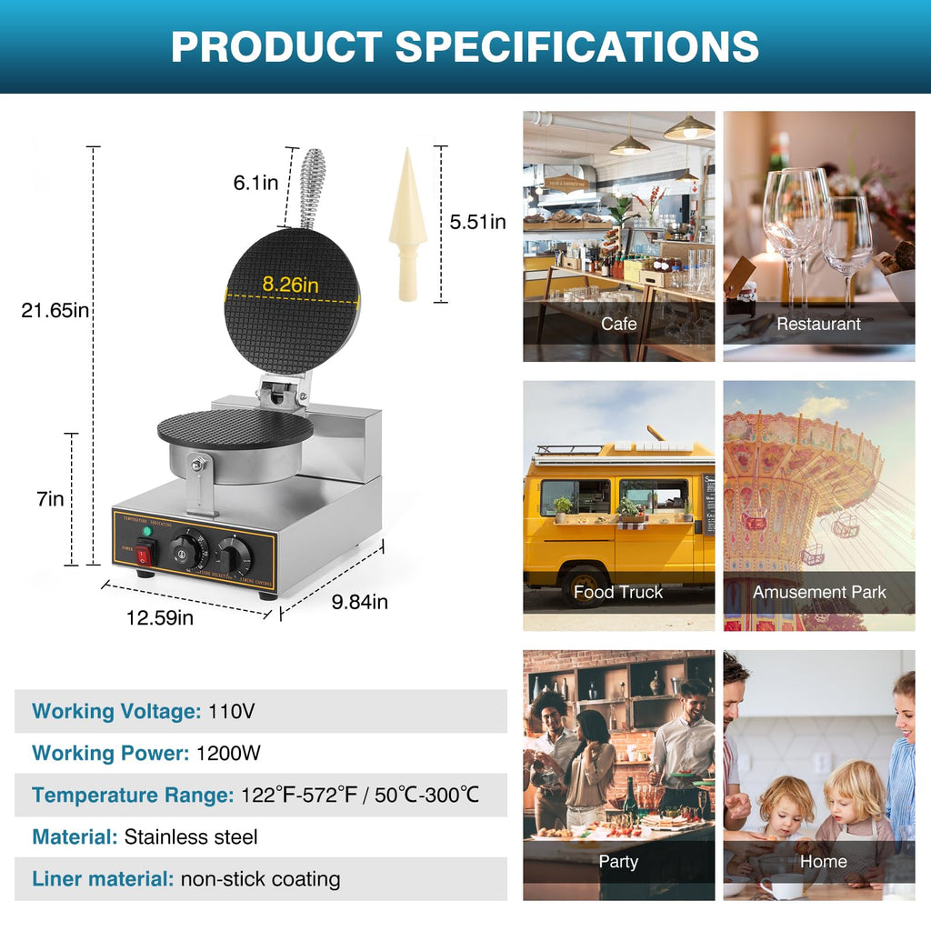 Commercial Waffle Cone Maker Machine, 110V 1200W  Steel Electric Ice Cream Cone Waffle Maker Machine with 8.3” Non-stick BaTray, Temperature & Time Control for Restaurant