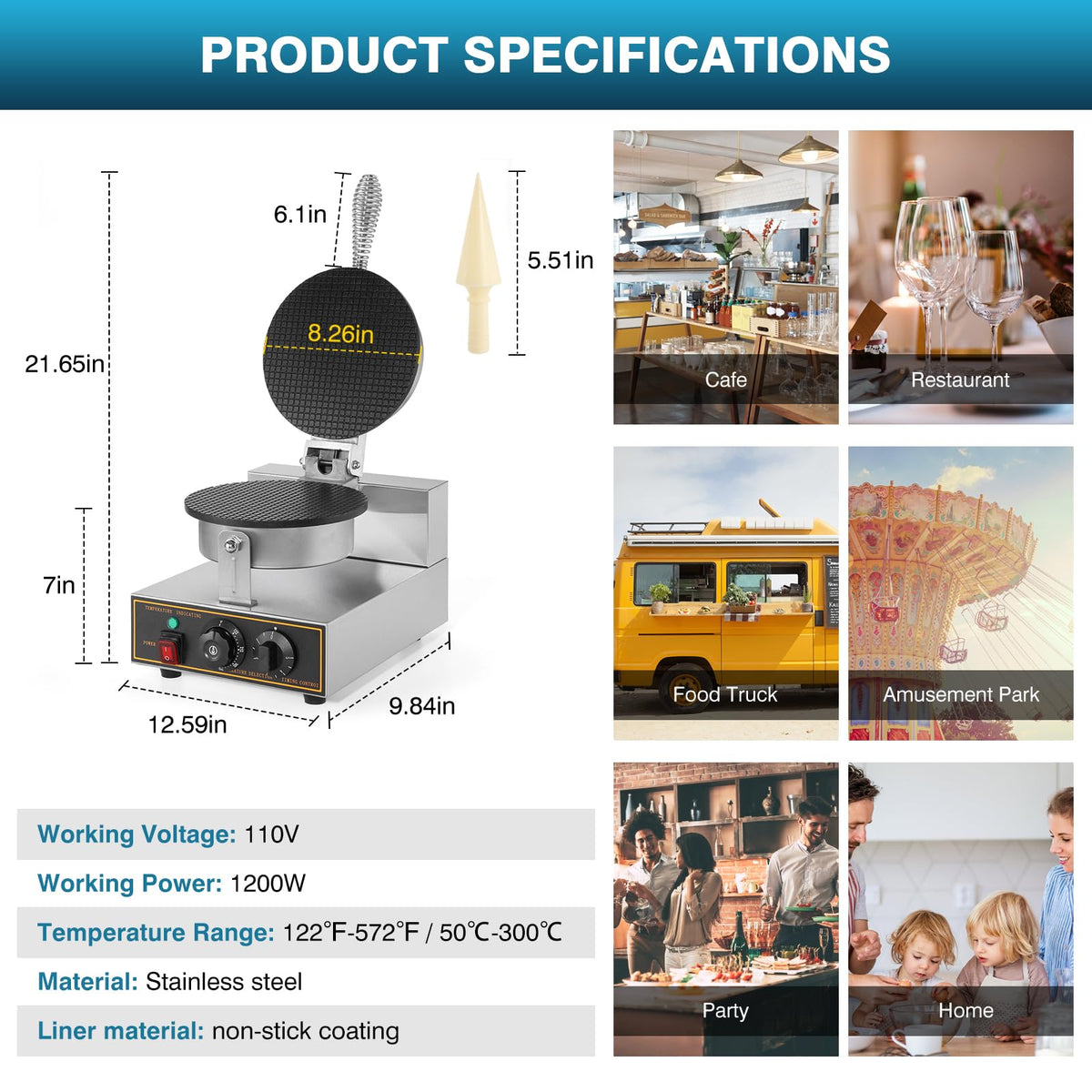 Commercial Waffle Cone Maker Machine, 110V 1200W  Steel Electric Ice Cream Cone Waffle Maker Machine with 8.3” Non-stick BaTray, Temperature & Time Control for Restaurant