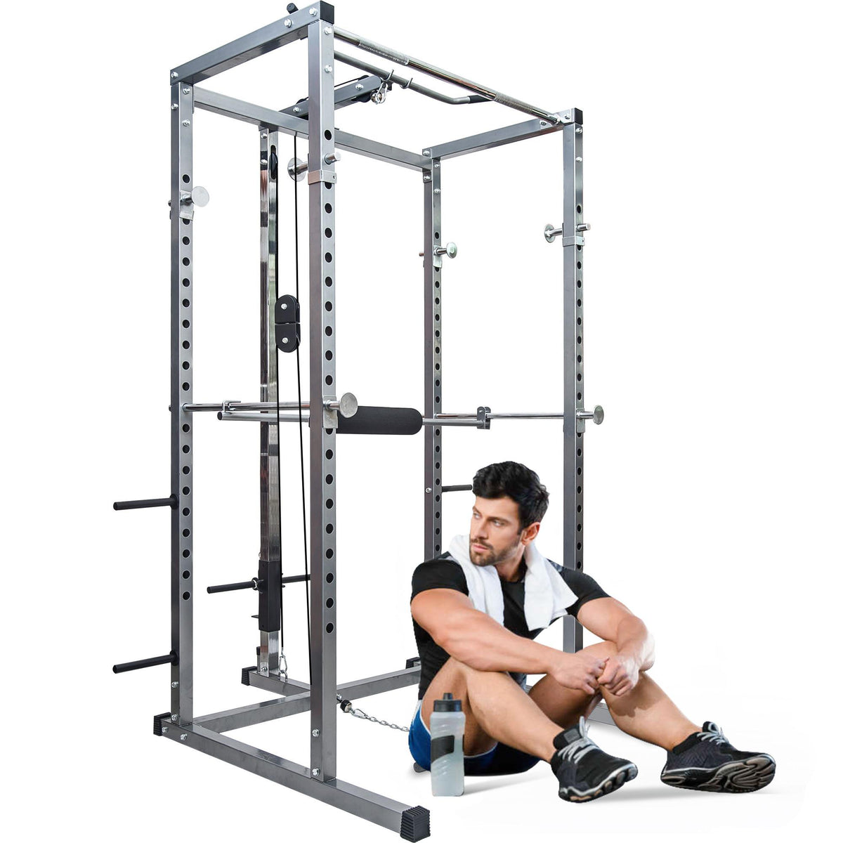 Htovila Multi-Function Power Cawith Lat Pull-Down and Low Row Home Gym Equipement Olympic Squat Cafor Weight Training