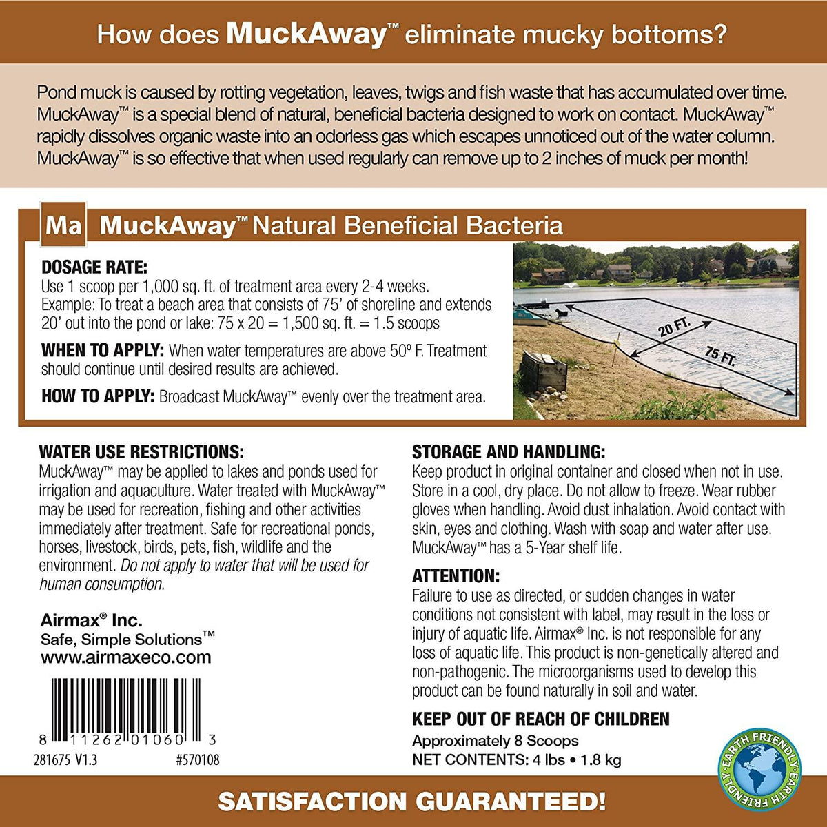 airmax muckaway natural pond muck remover – safely clears muck and sludge from beaches and shorelines; fish, plant and wildlife friendly – 6 month supply, 16 scoops