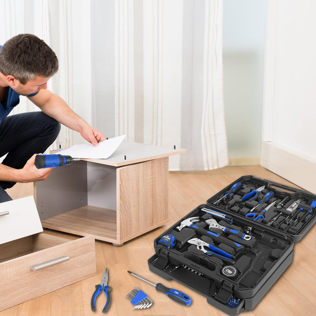 Tool Set with 8V Cordless Drill, 369-Piece Home Tool Kit with Drill Driver, Toolbox StoraCase with Drawer, General Household Tools for Home Repairs and DIY, Handyman (Blue)