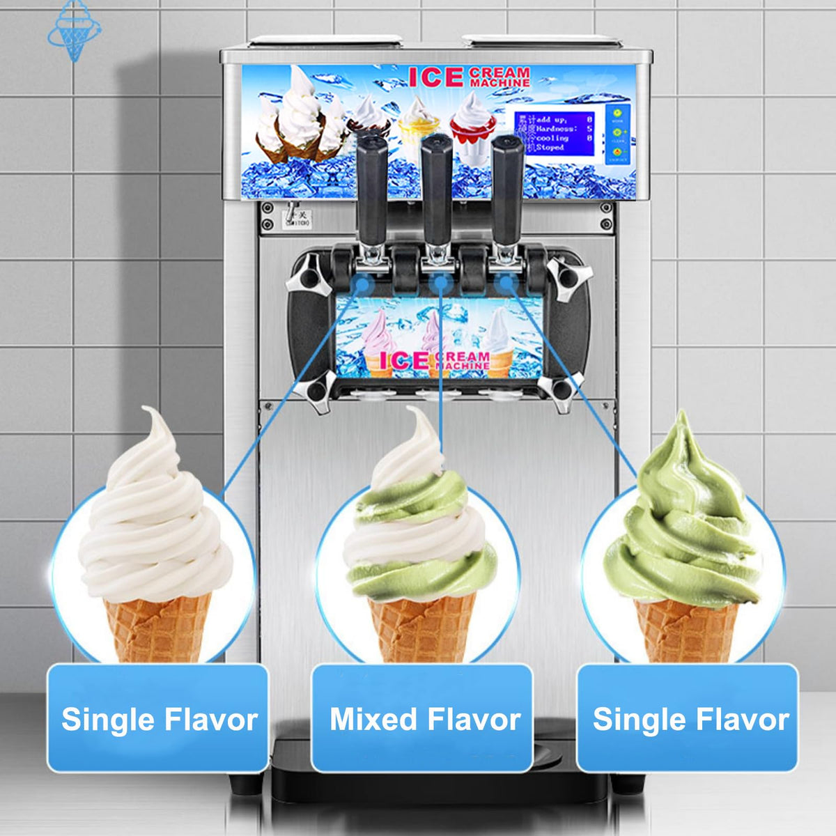Ice Cream Machine Commercial, 18L/H Yield Soft Serve Ice Cream Maker, 3 Flavors, 1200W Commercial Soft Serve Ice Cream Machine with LCD Panel for Bars Coffee Shop