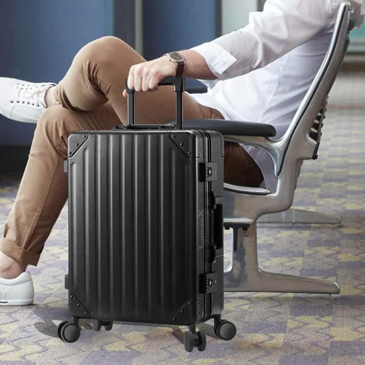 Carbon Fiber All Aluminum Luggage, LuggeX Smart TSA 24" No Zipper Suitcase, Checked Hardside Luggage with Spinner Wheels