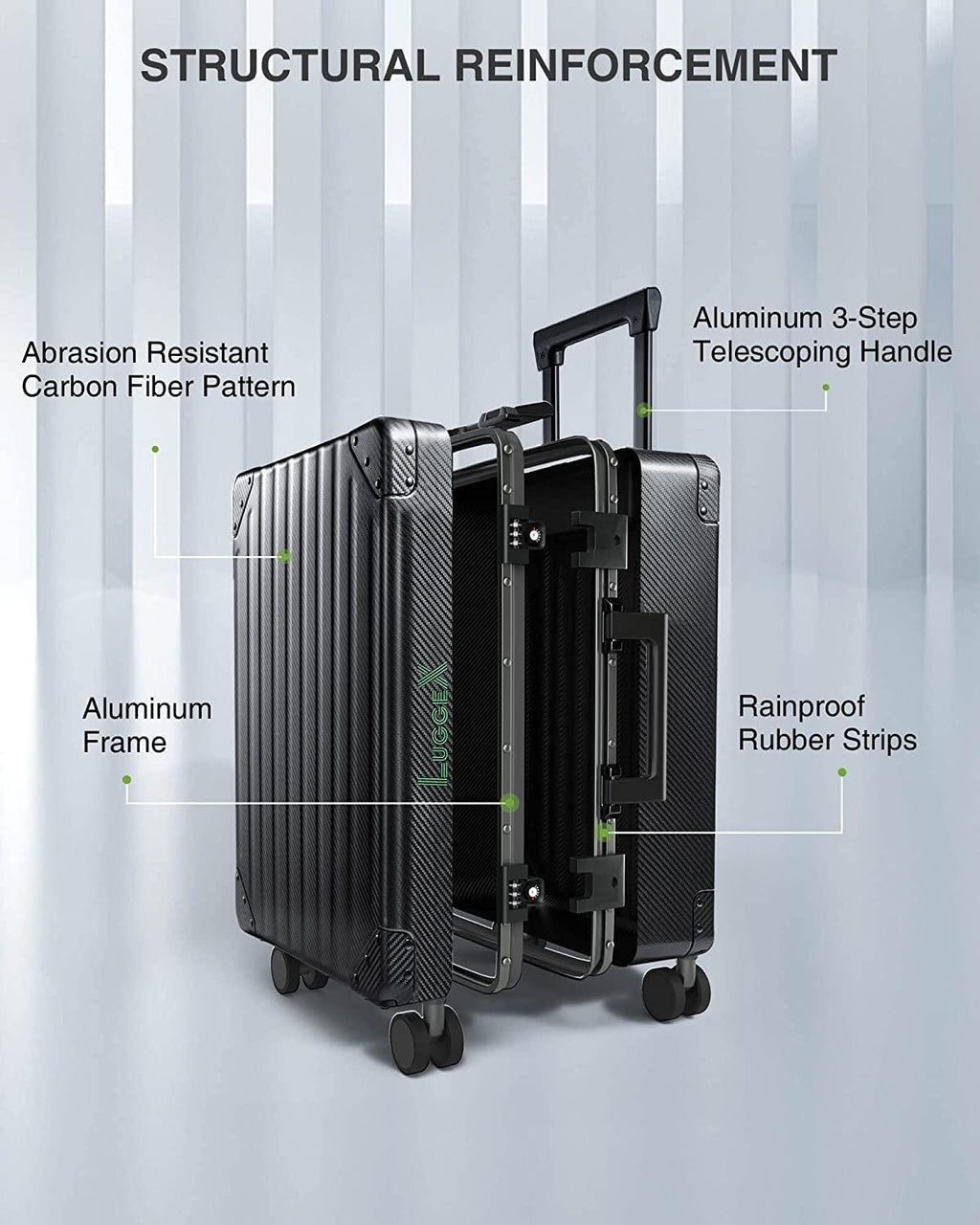 Carbon Fiber All Aluminum Luggage, LuggeX Smart TSA 24" No Zipper Suitcase, Checked Hardside Luggage with Spinner Wheels