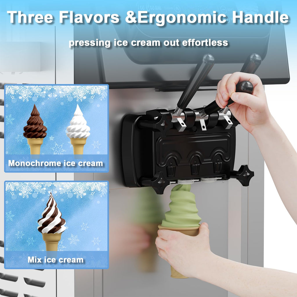 Commercial 2+1 Flavor Soft Ice Cream Machine, 5.8 to 8 gal Per Hour Soft Serve, 2200W  Steel Vertical Ice Cream Maker with Self-Cleaning, High Productivity, Perfect for Home and Snack Bar