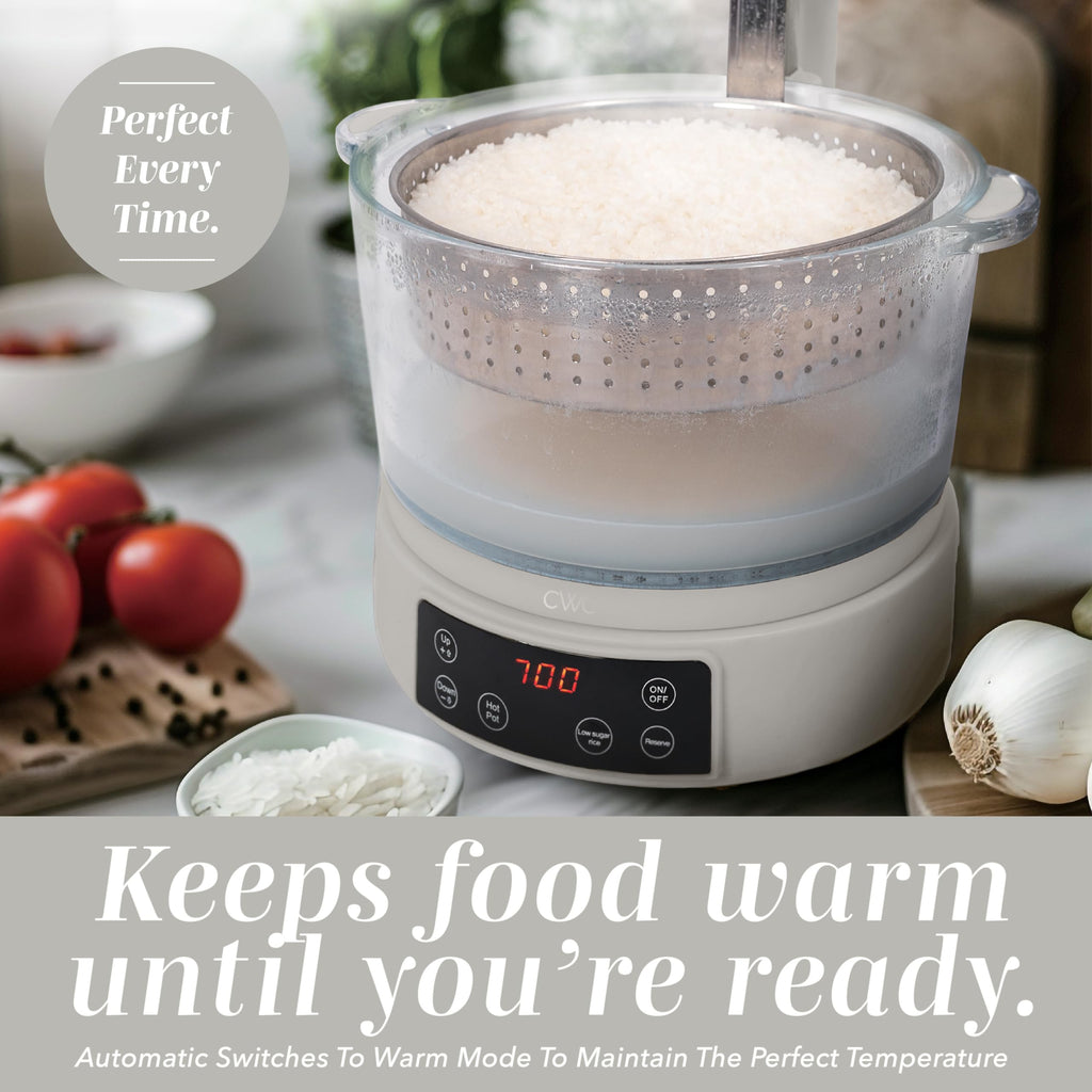 Glass Mini Low Carb Rice Cooker – Holds 2 Cups Raw/Makes 6 Cups Cooked with Auto Lift Filter Basket, Hotpot & Steamer for Rice, Grains, Digital Panel with Keep Warm, Cream
