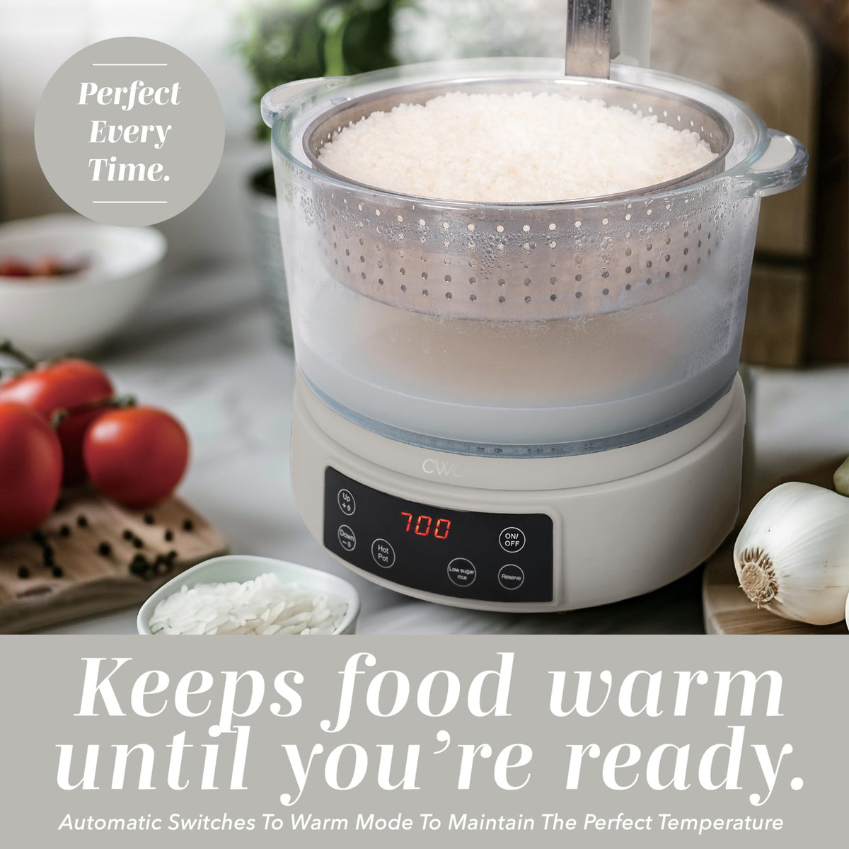 Glass Mini Low Carb Rice Cooker – Holds 2 Cups Raw/Makes 6 Cups Cooked with Auto Lift Filter Basket, Hotpot & Steamer for Rice, Grains, Digital Panel with Keep Warm, Cream