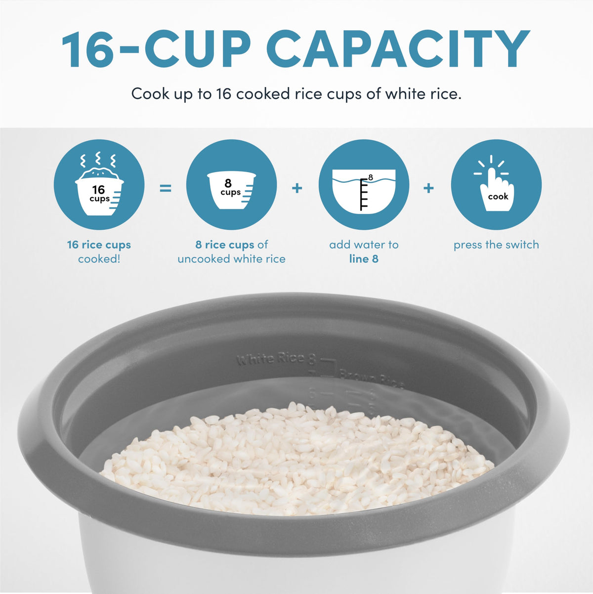 Rice Cooker, 8-Cup (Uncooked) / 16-Cup (Cooked), Pot-Style Rice Cooker and Soup Warmer with One-Touch Control, 4 Qt, White, ARC-368NG