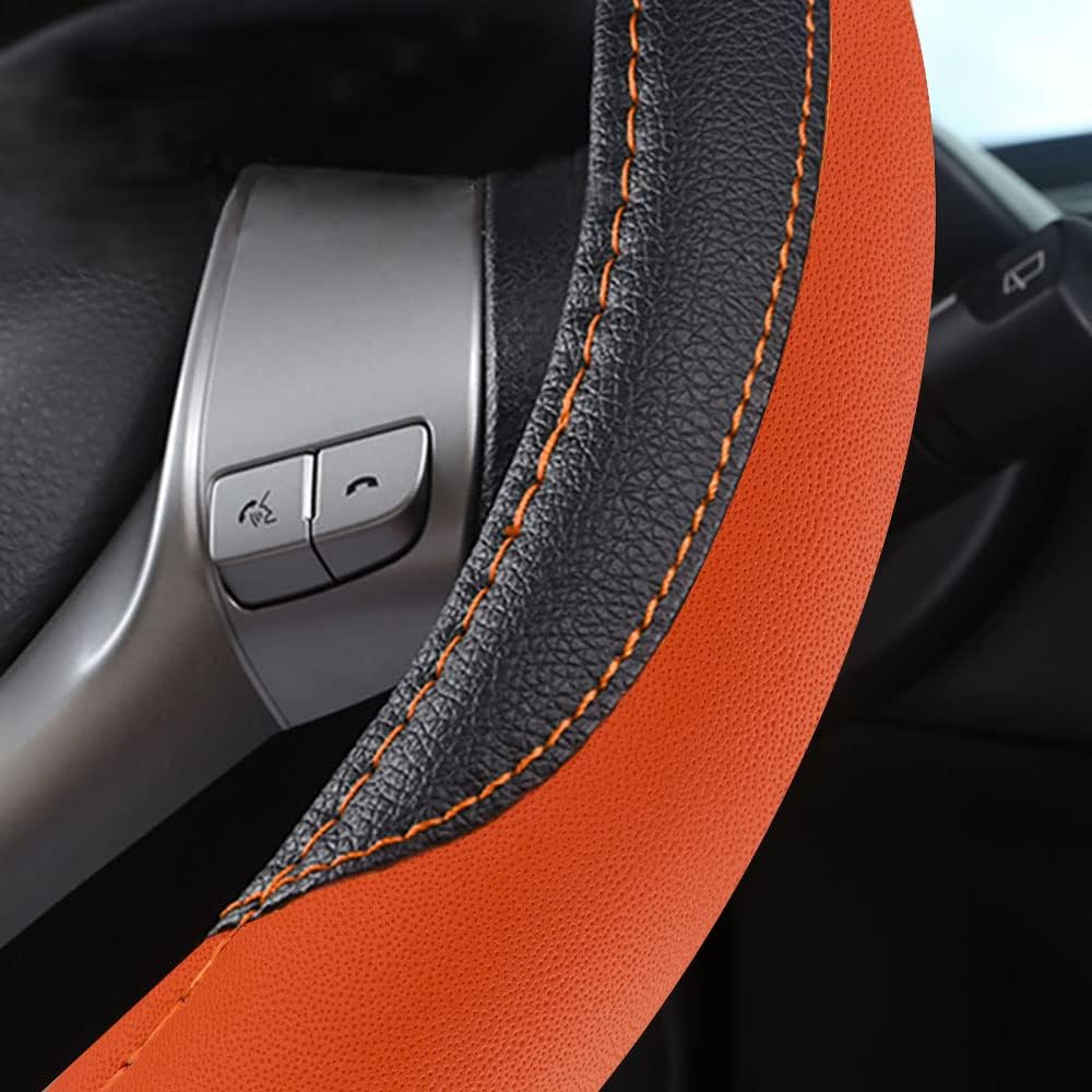 Leather Car Steering Wheel Cover, Non-Slip Car Wheel Cover Protector Breathable Microfiber Leather Universal Fit for Most Cars (Orange-2)