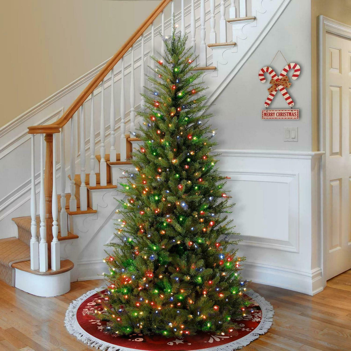 Artificial Christmas Tree 7.5 Ft H x 40 In W Slim Green Fir Multi-Color Lights