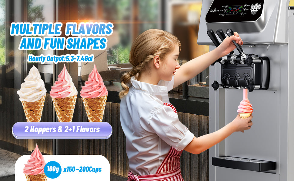 Commercial 2+1 Flavor Soft Ice Cream Machine, 5.8 to 8 gal Per Hour Soft Serve, 2200W  Steel Vertical Ice Cream Maker with Self-Cleaning, High Productivity, Perfect for Home and Snack Bar