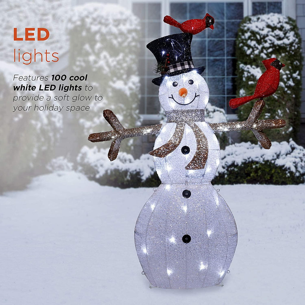 Alpine Corporation CHT892 Mesh Snowman Décor with Red Birds and Cool White LED Lights, 74" Tall