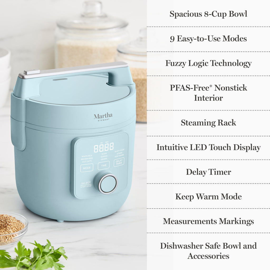 Rice Cooker, 4 Cup (Uncooked) / 8 Cup (Cooked), Ceramic Non-Stick Removable Pot, Keep Warm, Measure Markings, Steam Basket, Brown & Sushi Rice,  Cook, Quinoa, Grains, Oats, Sky Blue
