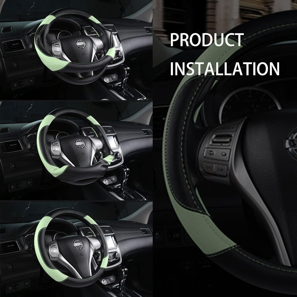 Leather Car Steering Wheel Cover, Non-Slip Car Wheel Cover Protector Breathable Microfiber Leather Universal Fit for Most Cars (Green)