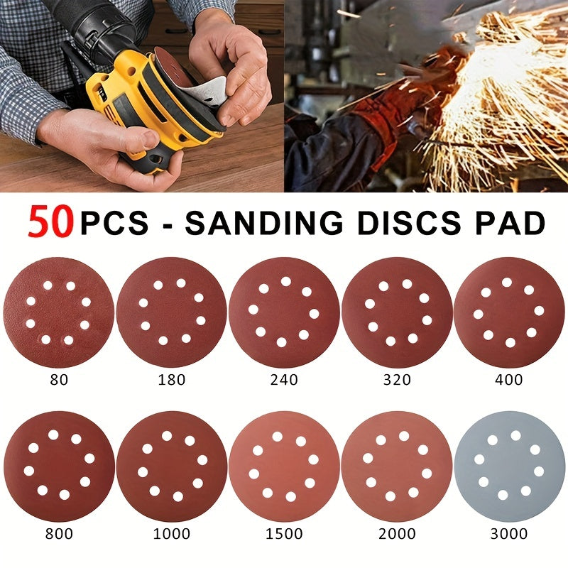 50pcs 12.5cm/4.92in Sandpaper Round Sanding Discs - 8 Hole Hook & Loop Sander Polishing Pad for Buffing & Sanding