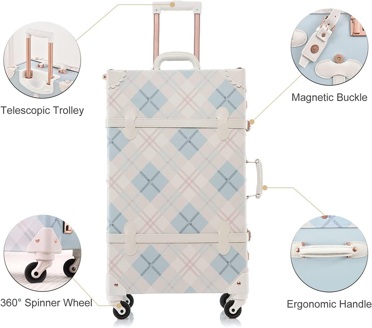 Trunk Combination Luggage Set, 3 Piece Hard Shell Retro Travel Suitcase with Wheels(Plaid,26"+20"+12")