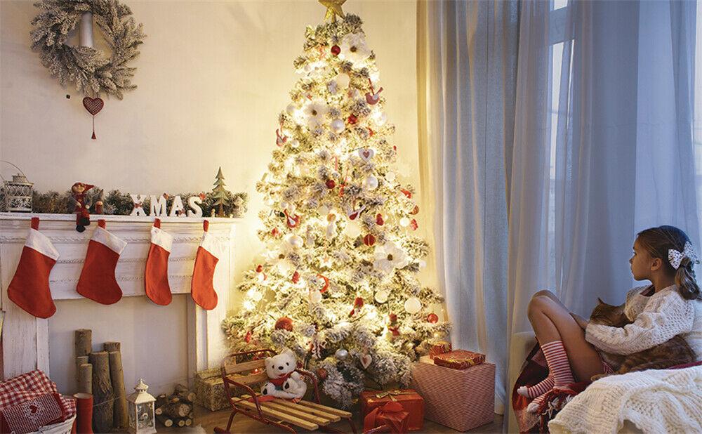 7.5FT Hinged Artificial Fir Christmas Tree Snow Flocked Artificial Holiday D閼煎崒or