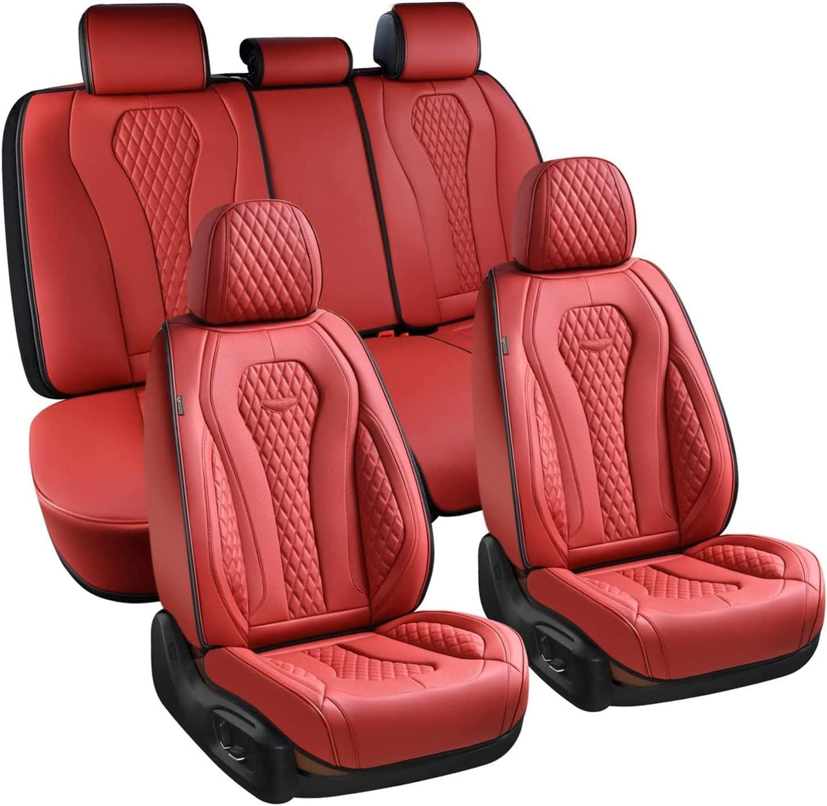 Coverado Leather Seat Covers Full Set, 5 Seats Universal Seat Covers for Cars, Waterproof Luxury Leatherette Seat Cushions, Front and Rear Seat Protectors, Auto Seat Covers Fit for Most Vehicles Red