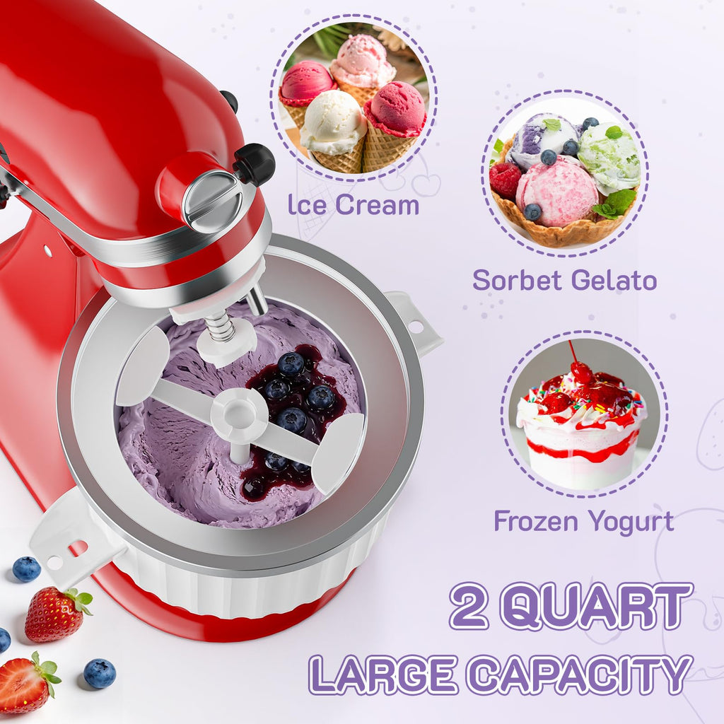 Ice Cream Maker Attachment for  Stand Mixer, Fits 4.5Qt and Larger  Mixers, 2 Quart Frozen Yogurt, Sorbet & Gelato Ice Cream Bowl by