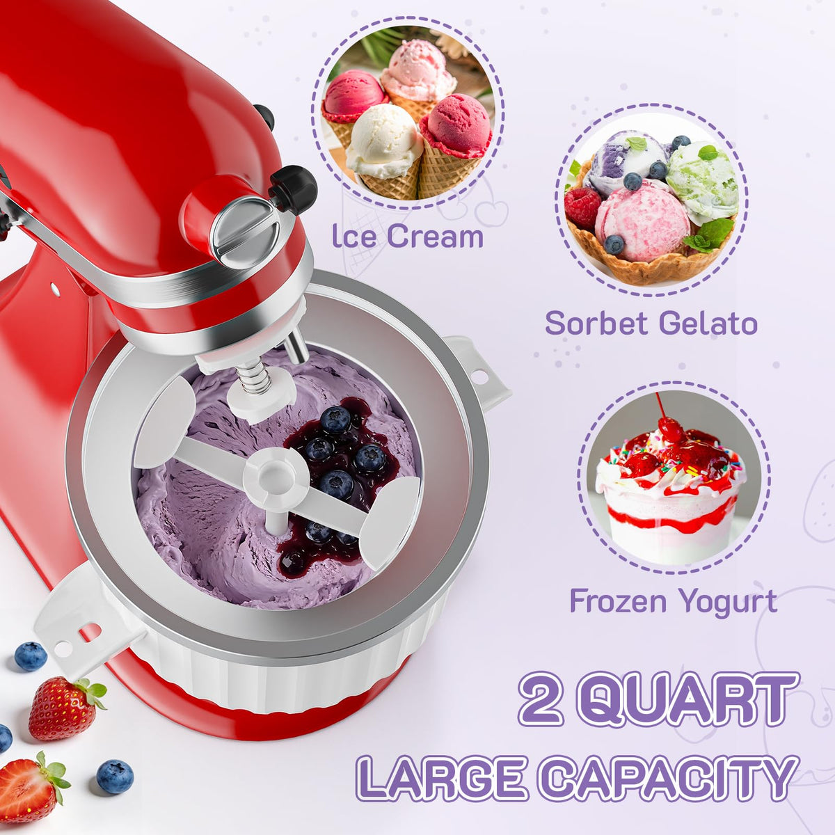 Ice Cream Maker Attachment for  Stand Mixer, Fits 4.5Qt and Larger  Mixers, 2 Quart Frozen Yogurt, Sorbet & Gelato Ice Cream Bowl by