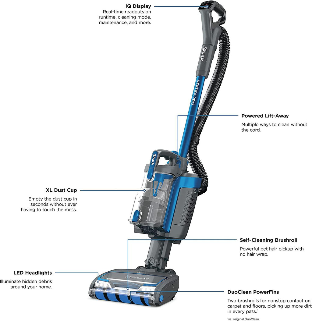 Shark Vertex Pro Powered Lift-Away Cordless Vacuum with IQ Display, DuoClean PowerFins, Includes Crevice Tool, Pet Multi-Tool &amp; Anti-Allergen Dusting Brush, 60min Runtime, Electric Blue