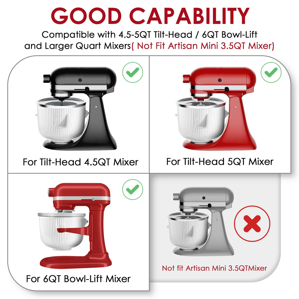 Ice Cream Maker Attachment for  Mixers, Fits  4.5/5QT & 6QT Stand Mixers, Frozen Ice Cream & Sorbet Gelato Maker for , 2 Quart, White(Machine/Mixer Not Included)
