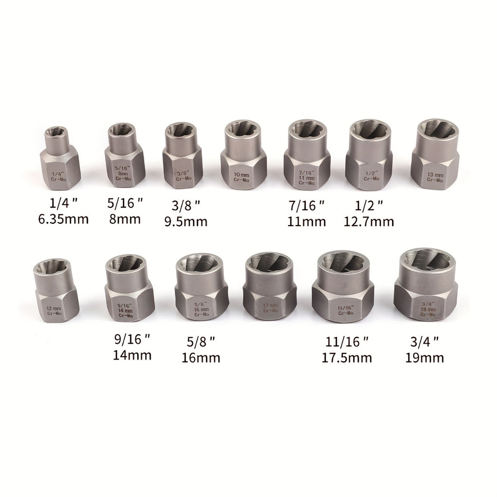 14 Pieces Impact Bolt & Nut Remover Set Pull-Out Sleeve Cr-Mo Bolt Extractor Tool Set With Solid StoraCase Damaged Incomplete Screw Nut Extractor