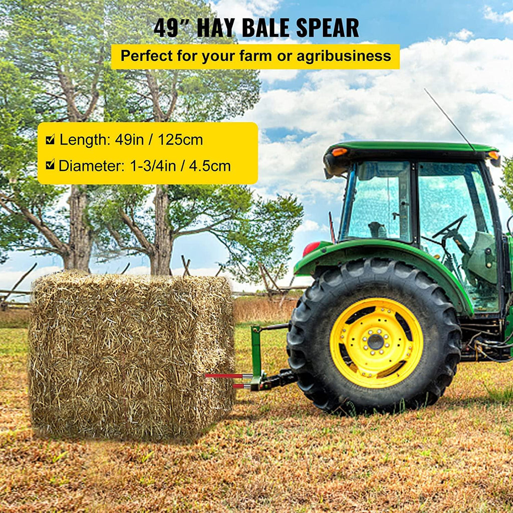 mophorn hay spear 49" bale spear 3000 lbs capacity, bale spike quick attach square hay bale spears 1 3/4" wide, red coated bale forks, bale hay spike with 2 stabilizer spears conus 2