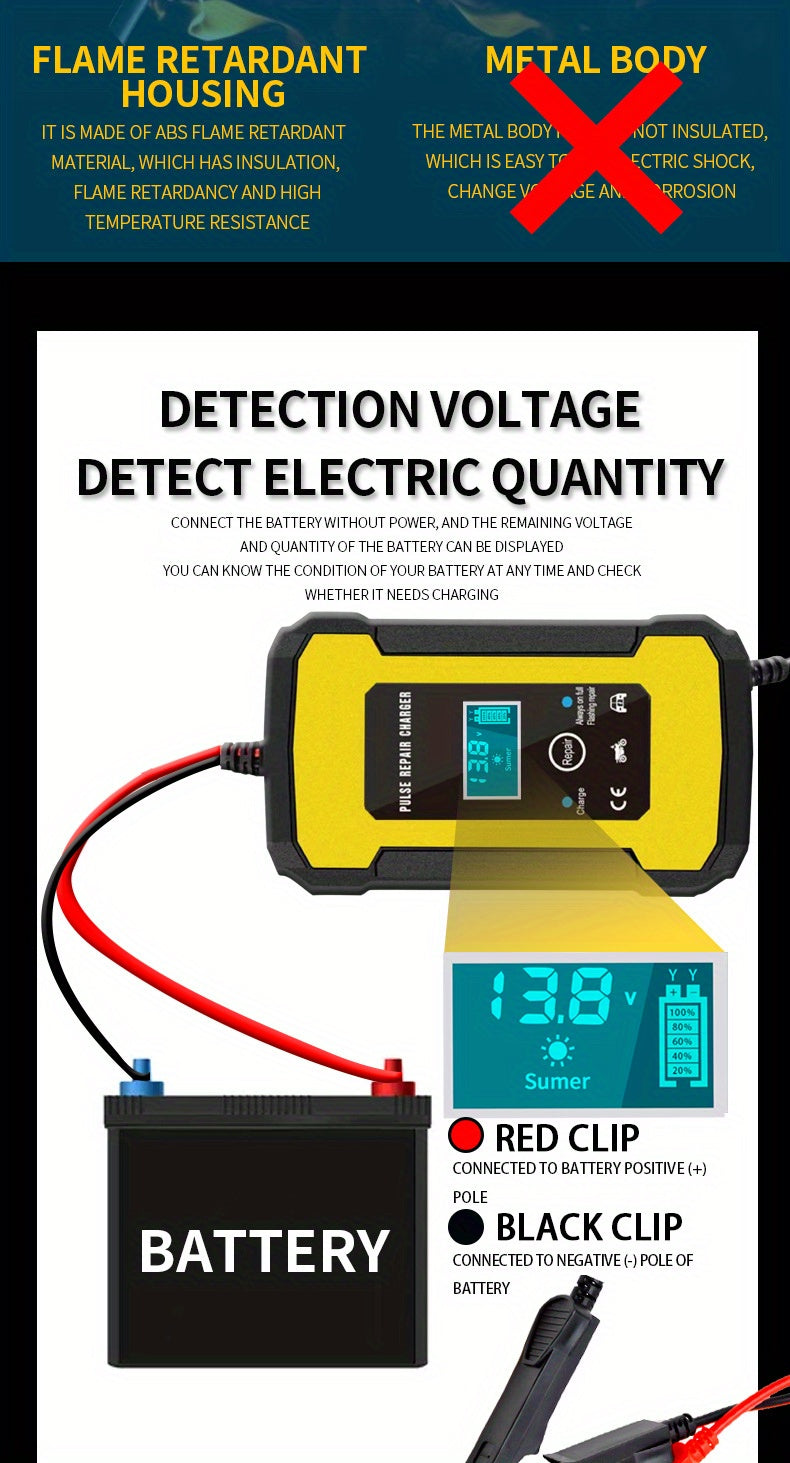 12V 6-Amp Intelligent Car Motorcycle Battery Charger: Smart Digital LCD Display, Pulse Repair & VRLA/AGM/Lead Acid Charging